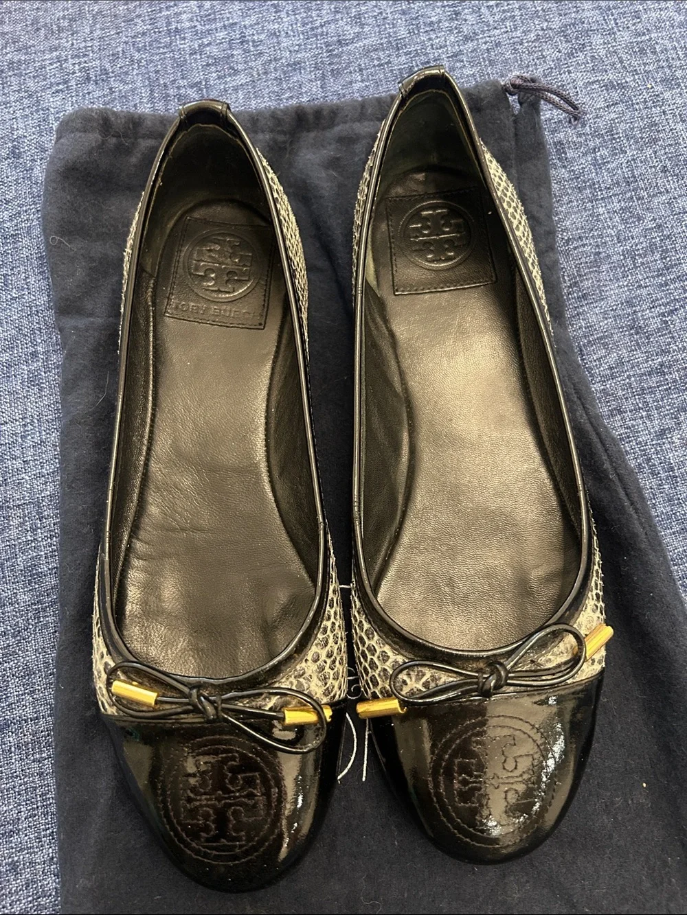 Tory Burch Black Patent & Snakeskin-Trim Logo Ballet Flats